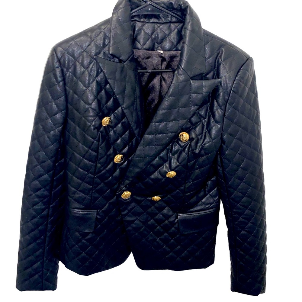 Faux leather quilted jacket with gold button details; Asian size (2XL) M/L USA